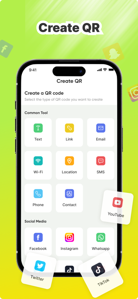 QR Scan & Smart Code Reader - Uma tela de aplicativo móvel mostrando opções para criar códigos QR para links de texto, e-mail e mídias sociais