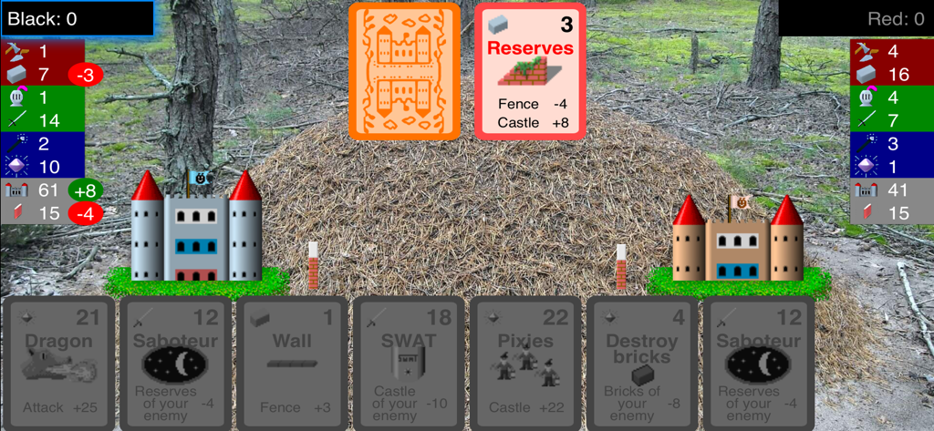 Mravenci - Captura de pantalla del juego de estrategia de cartas Mravenci mostrando una batalla de estrategia basada en cartas entre dos castillos frente a un hormiguero.