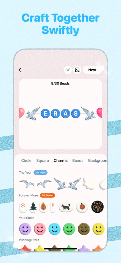 Uma tela de aplicativo de celular para criar pulseiras digitais da amizade personalizadas com miçangas de letras da ERAS e vários enfeites