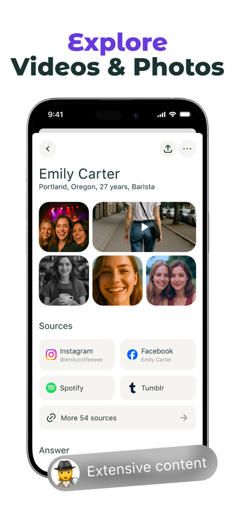 DeepSearch: AI Search Engine - Pantalla de la aplicación DeepSearch que muestra fotos, videos y enlaces a fuentes de redes sociales para el perfil de una persona