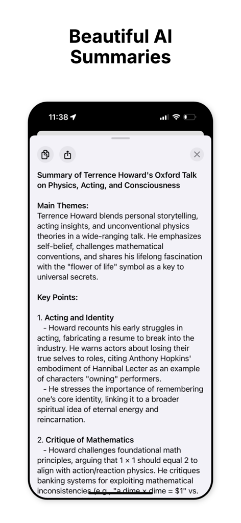 A structured lecture summary generated by Cockatoo AI Note Taker displaying main themes and key points