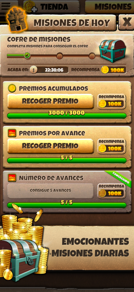 El Tesoro de Java-Tragaperras - Écran des missions quotidiennes et des récompenses dans l'application de machine à sous El Tesoro de Java