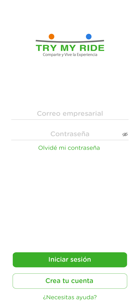 Try My Ride - Login screen of the Try My Ride app for corporate and university carpooling featuring email and password input fields