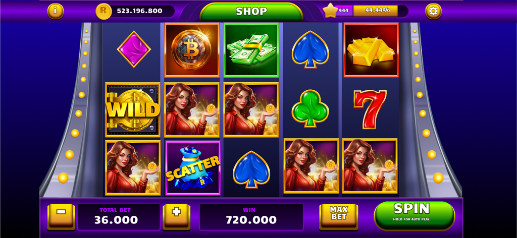 Gameplay screen of Mega Casino Fortune Slot showing vibrant Vegas-style slot reels with wild and scatter symbols