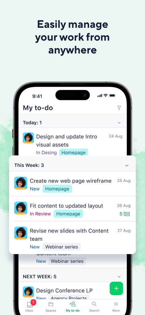 Wrikeモバイルアプリのインターフェース。プロジェクト管理タスクを含むToDoリストを表示しています。