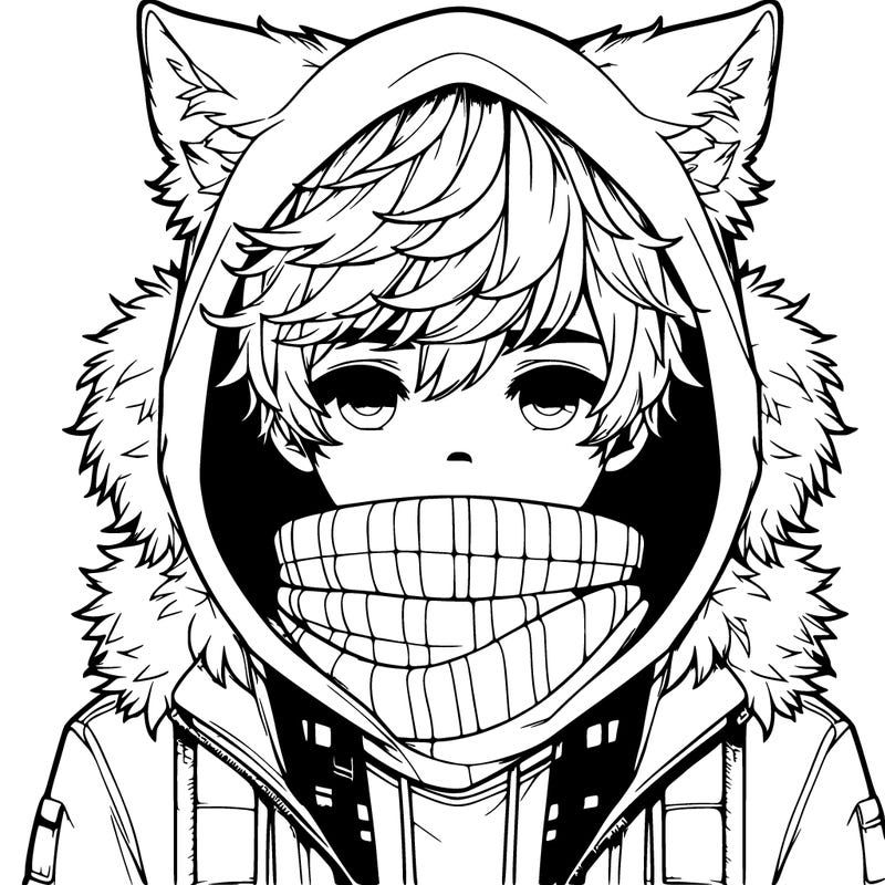 a realistic boy with wolf ears wearing a hoodie and scarf over mouth