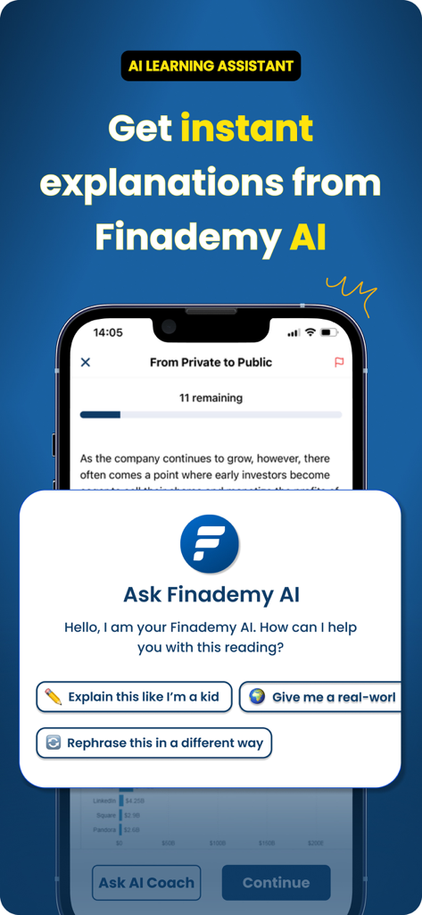Finademy: Learn Stock Basics - Interfaz de la aplicación Finademy que muestra la función de coach de IA para explicaciones financieras instantáneas