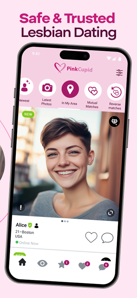 Interface of PinkCupid lesbian dating app showing a user profile and the headline Safe and Trusted Lesbian Dating
