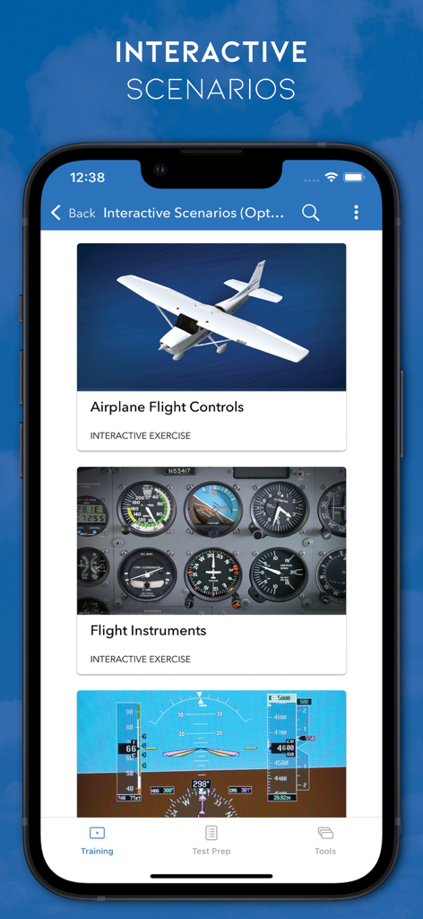 Sporty's Pilot Training app interface showing interactive scenarios for airplane flight controls and flight instruments