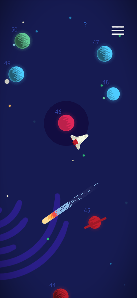 Sputnik Eyes - A minimalist level selection screen showing numbered planets and a small space shuttle in a deep blue galaxy.
