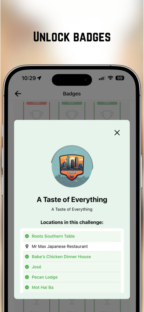 訪問する地元のレストランのリストとともに、「A Taste of Everything」というタイトルのデジタルバッジチャレンジを示すモバイルアプリインターフェイス。