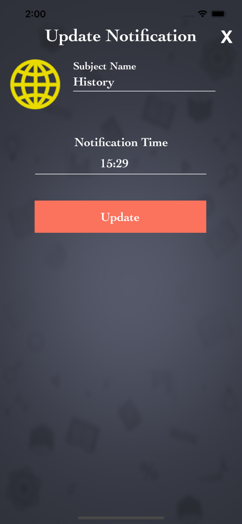 4000+ World General Knowledge - Pantalla de configuración de notificaciones para configurar recordatorios de estudio para materias como Historia
