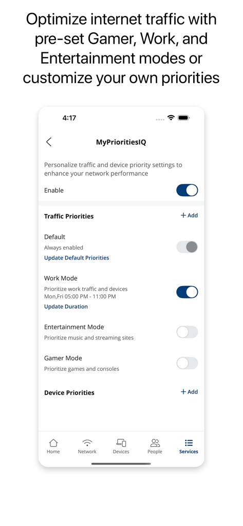 BTC Broadband  Wi-Fi - BTC Broadband Wi-Fi app screen showing traffic priority settings for work, entertainment, and gamer modes