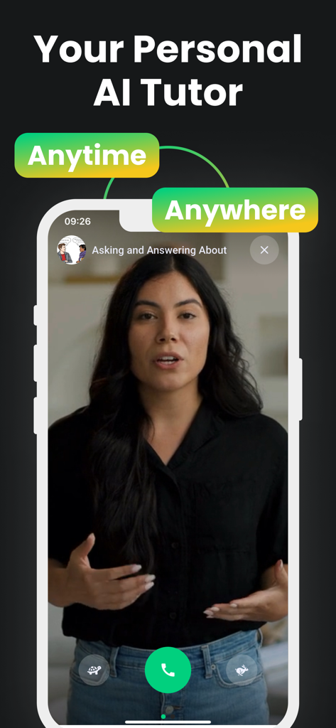 Speak English with Verbally AI - Ein Videoanruf mit einem persönlichen KI-Tutor in der Verbally AI-App zum Üben von englischen Gesprächen.