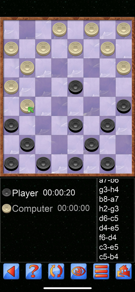 Checkers game board showing a match against a computer with timers and move history