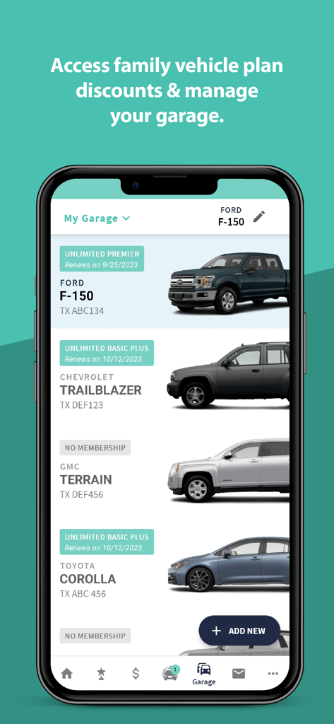 Interface of the ZIPS Car Wash app showing the My Garage feature to manage multiple vehicles and memberships.