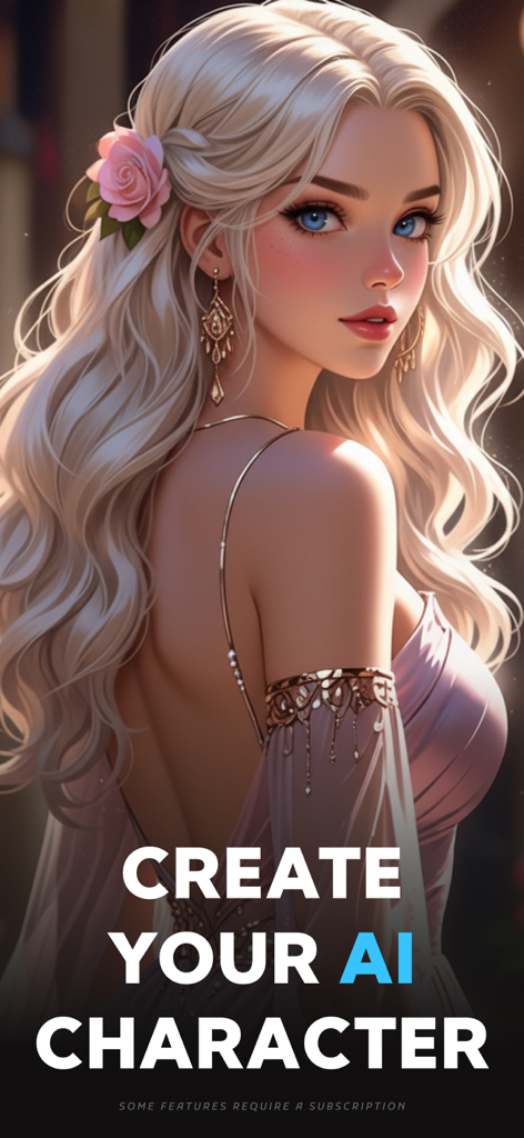 Character AI | AI Girlfriend - Una hermosa IA rubia con un vestido rosa con el texto crea tu personaje de IA