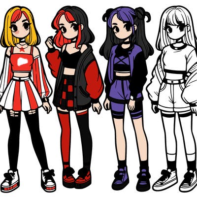 one girl with crop-top shirt and a jacket with a skirt, long socks and another girl with a shirt and pants with a jacket
