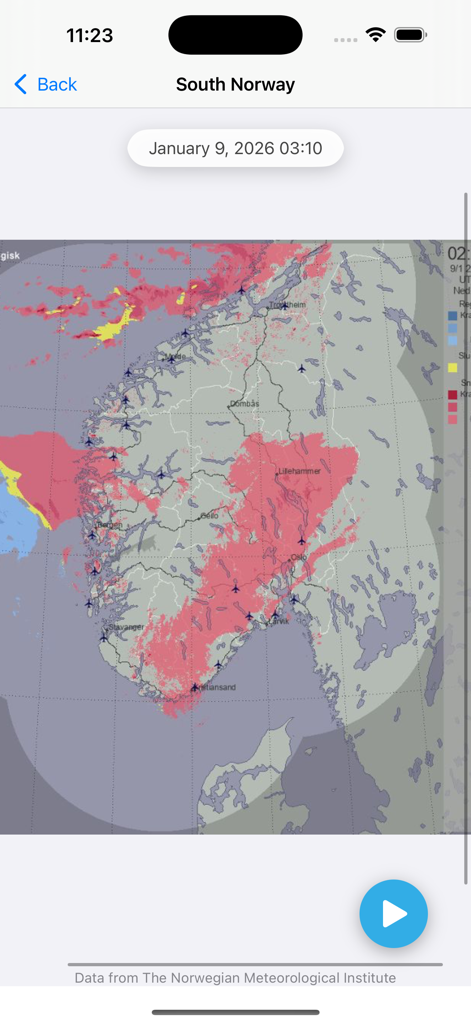 Weather radar map showing snow and rain patterns over South Norway