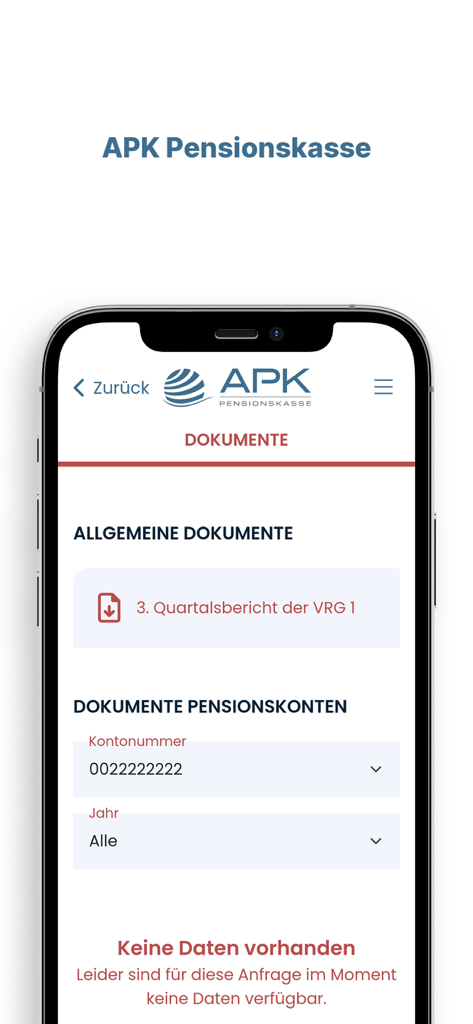 APK Pensionskasse - La interfaz de la aplicación APK Pensionskasse muestra una lista de documentos que incluye informes trimestrales y filtros para los detalles de la cuenta de pensión.