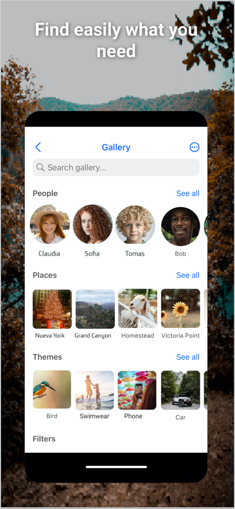 Zefiro - Galeria do aplicativo Zefiro mostrando fotos organizadas por pessoas e lugares
