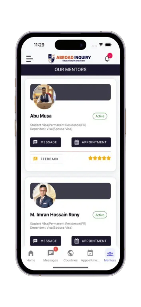 Abroad Inquiry - Abroad Inquiry app screen showing a list of educational mentors with buttons to message and book appointments.