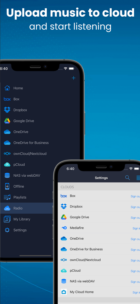 CloudBeats Offline Music - CloudBeats app interface showing supported cloud storage services like Dropbox and Google Drive for music streaming