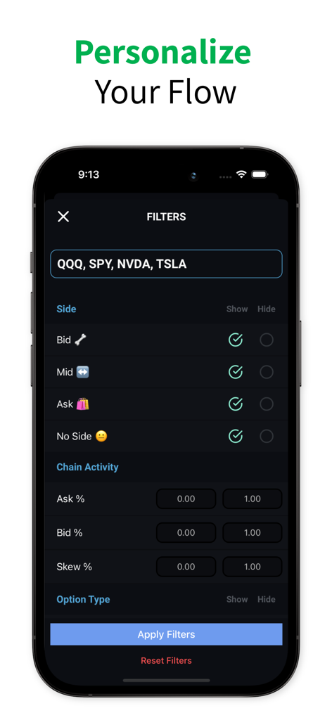 Unusual Whales - Uma interface móvel do aplicativo Unusual Whales mostrando filtros personalizáveis para rastrear dados de fluxo de opções, incluindo símbolos de ações e lados de compra e venda