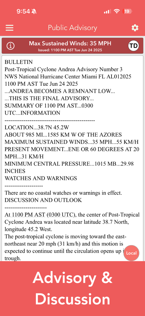 National Hurricane Center Data - Ein Screenshot eines öffentlichen Beratungsberichts für einen tropischen Wirbelsturm mit technischen meteorologischen Daten.
