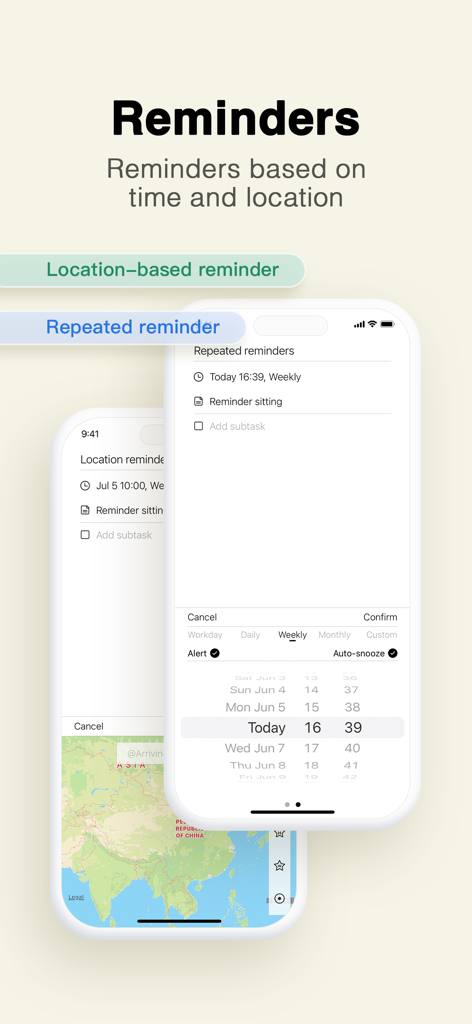 To do list MinimaList & Widget - Interface of the MinimaList app showing options for repeated time-based and location-based reminders