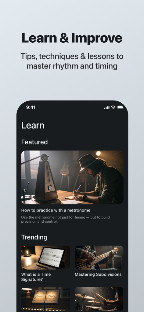 Metronome - BPM Counter - Educational screen of the Metronome app featuring rhythm lessons and music theory articles