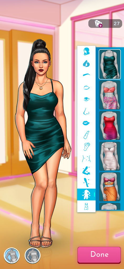 Love Island: The Game - Tela de personalização de personagem em Love Island The Game com um avatar feminino e um menu de diferentes opções de roupas.