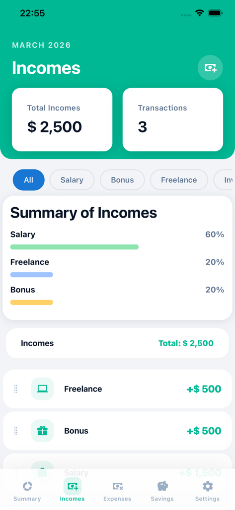 Plan And Save - Painel de receitas no aplicativo Plan and Save mostrando ganhos mensais totais e um detalhamento das fontes de renda.
