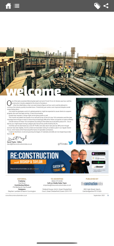 Editorial welcome page of the Construction Index Magazine app
