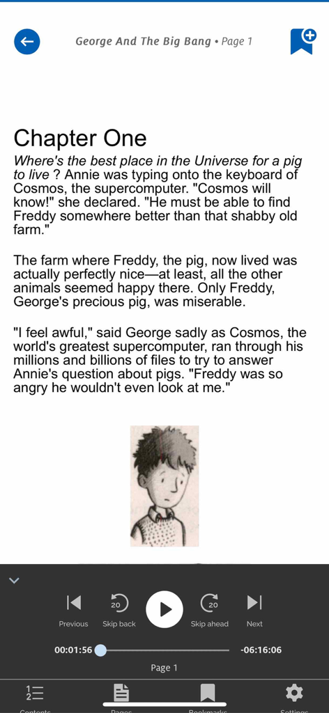 The reading interface of the Learning Ally app showing chapter text with an illustration and audio playback controls