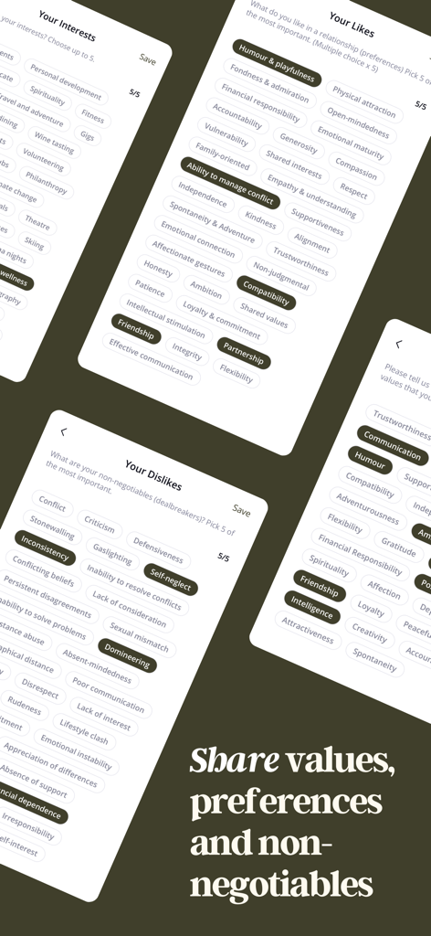 Reddi: The Matchmaking App - Interfaz de la app de citas Reddi mostrando pantallas para seleccionar preferencias de valores y elementos no negociables