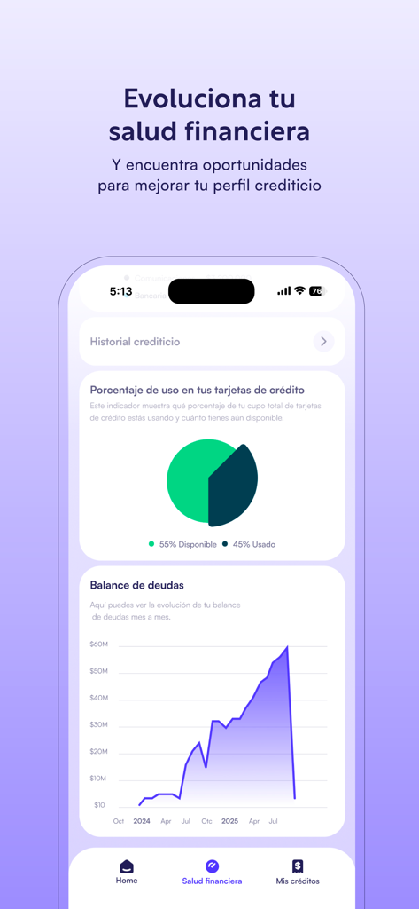 Creditop - Interfaz de la app Creditop que muestra un gráfico de utilización de tarjetas de crédito y un rastreador de saldo de deudas