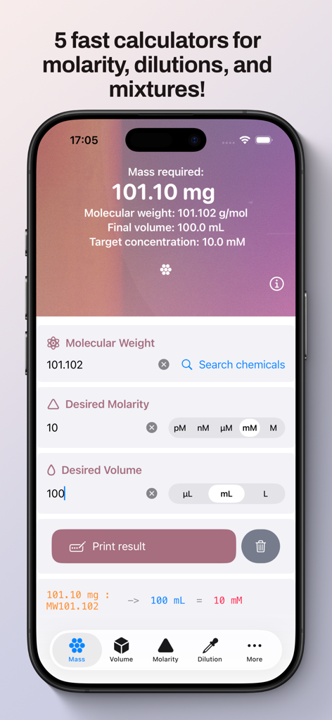 Lab Mate — Molarity & Dilution - iPhoneのLab Mateアプリに、化学実験のための必要量計算が表示されています