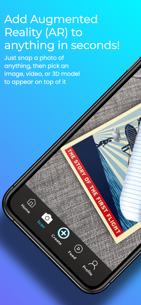 Teléfono inteligente usando la aplicación Halo AR para escanear la portada de un libro y mostrar un modelo 3D del ala de un avión