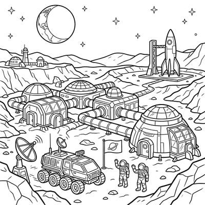 Embark on an epic space journey with this detailed lunar colony coloring page. Discover futuristic habitats, a powerful rocket, and brave astronauts awaiting your creative touch.
