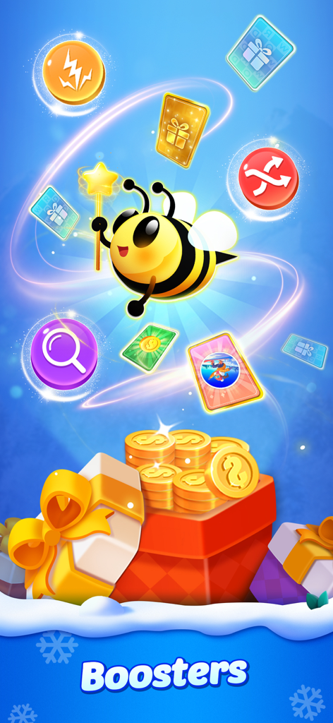 Word Crush® - Fun Puzzle Game - A cute cartoon bee character surrounded by various game boosters and reward boxes in Word Crush