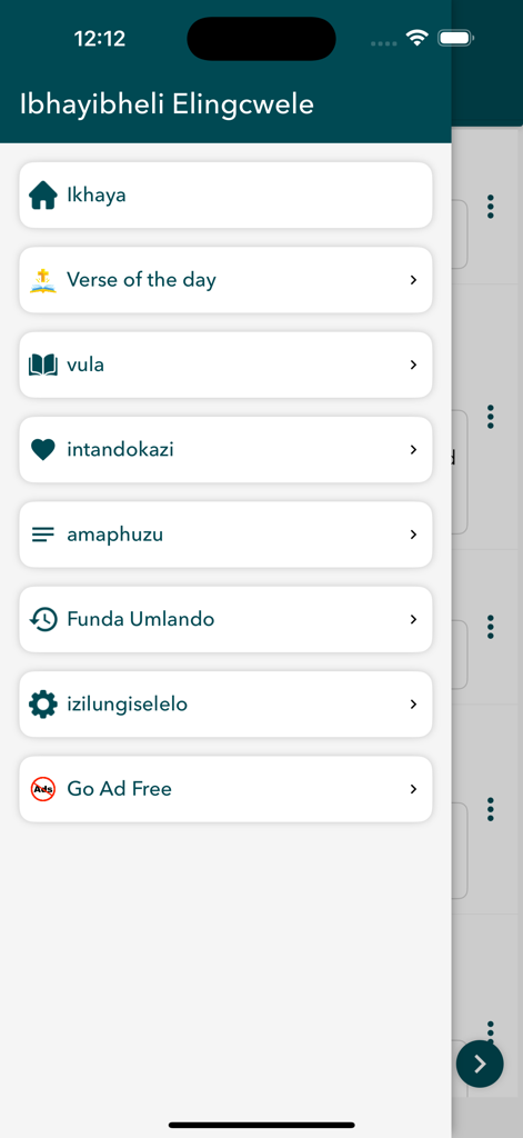 Zulu - English Bible (Offline) - Navigation menu of the Zulu - English Bible app featuring home, verse of the day, favorites, and settings.