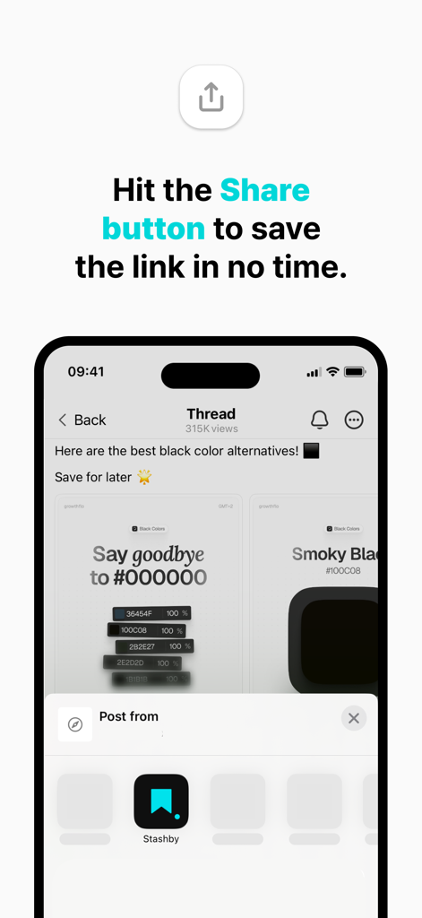 Stashby: Bookmark Manager - Interface showing the Stashby icon in the mobile share menu to quickly save a web link