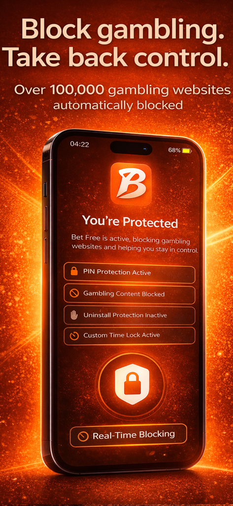 Bet Free: Stop Gambling Now - Bet Free app dashboard showing active gambling blocking and protection features on an iPhone