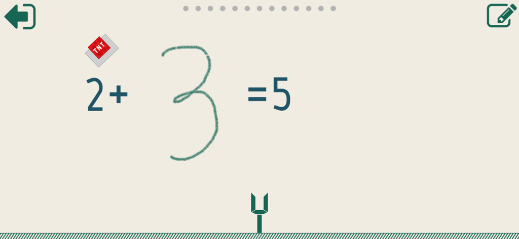 Вычитание и сложение до 10 - Handwritten number three in an addition equation on a kids educational app.