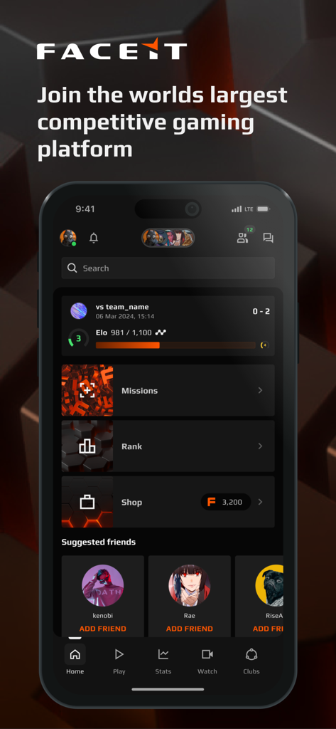 FACEIT - CS2 Command Centre - Home dashboard of the FACEIT app showing player stats and social features