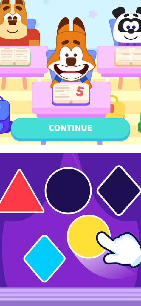 Smart Kids: Learning Games - Educational classroom scene with animals and a shape matching activity