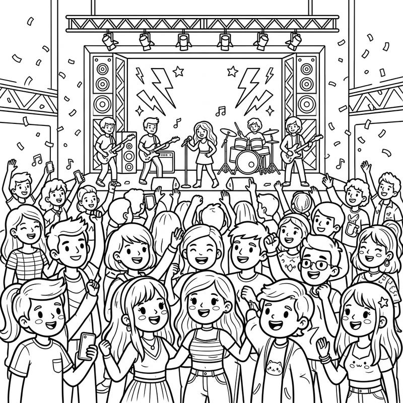 Dive into the vibrant energy of a live music concert with this fun coloring page designed especially for kids. Young artists will love bringing the rock band and cheering crowd to life with their favorite colors.
