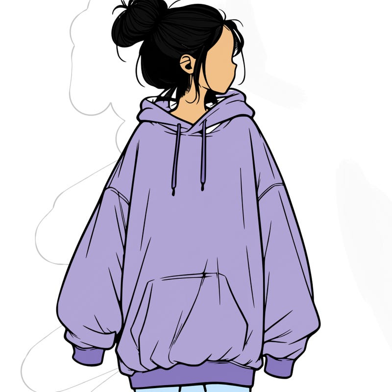 realistic girl with a oversized sweatshirt on and a bun