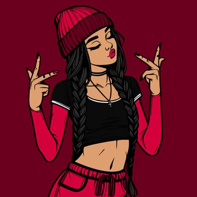 realistic teenage girl with braids and a beanie and crop top doing 🫶🏼